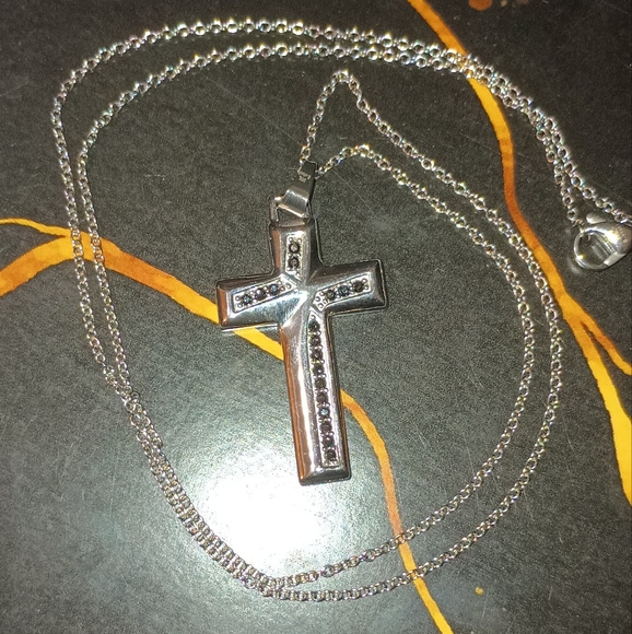 Black Onyx Cross Pendant Necklace Silver - Picture 4 of 12